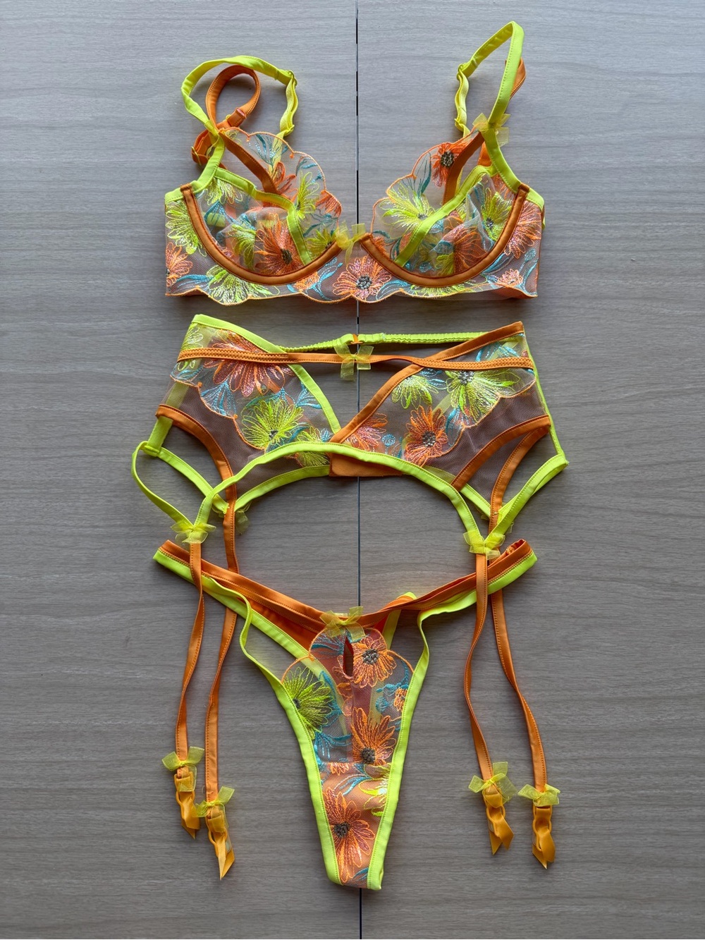For Love & Lemons Neon Floral Lace Lingerie Set XS